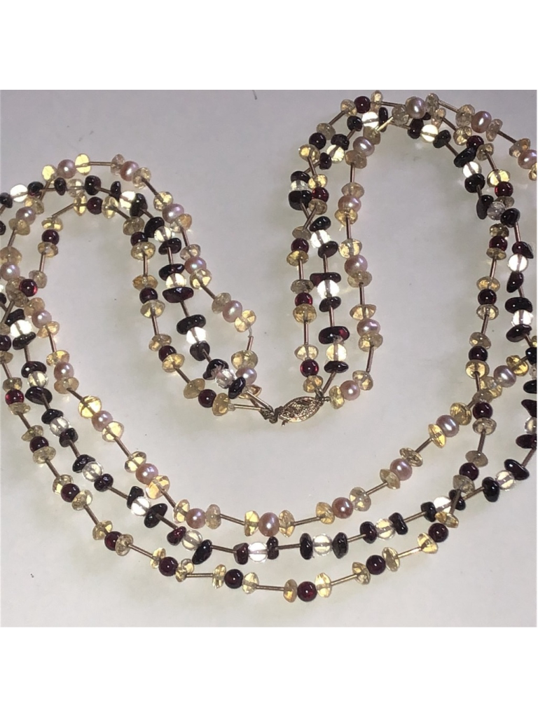 14k Gold Clasp Multi-Strand Genuine Pearl Garnet And Gold Beaded Necklace